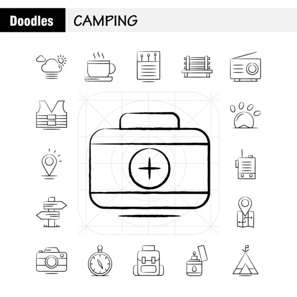 Camping Hand Drawn Icons Set Infographics Mobile Kit Print Design — стоковый вектор
