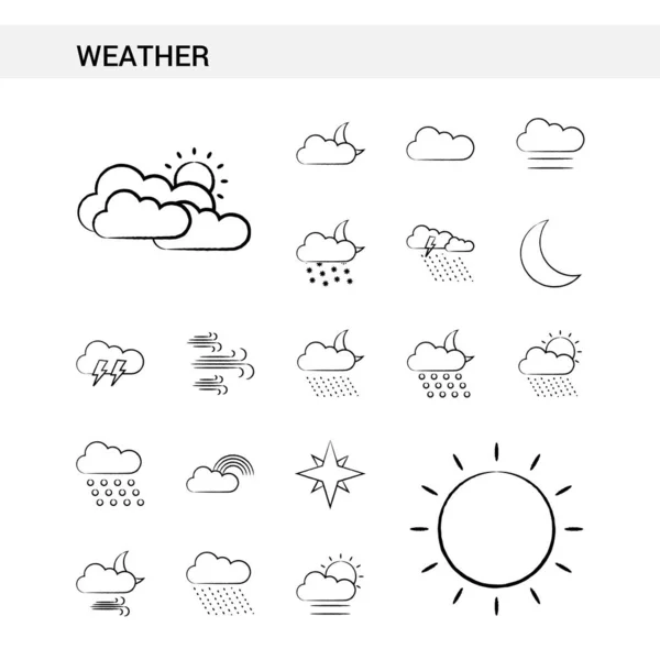 Weer Hand Drawn Icon Set Stijl Geïsoleerd Een Witte Achtergrond — Stockvector