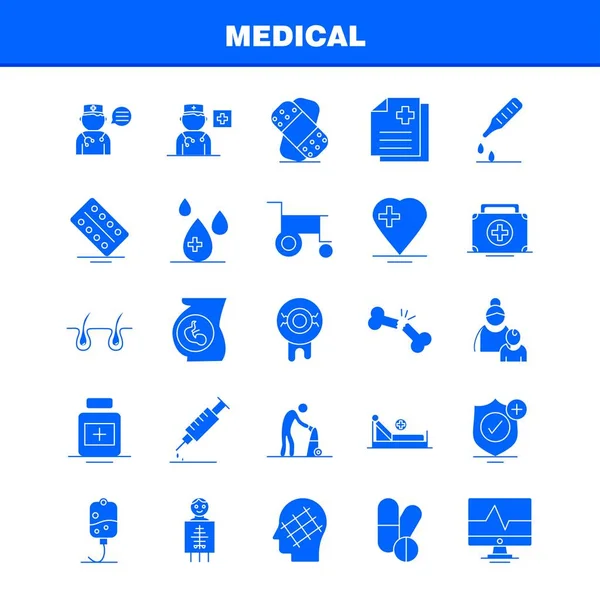 Iconos Médicos Del Glifo Sólido Fijados Para Las Infografías Equipo — Archivo Imágenes Vectoriales