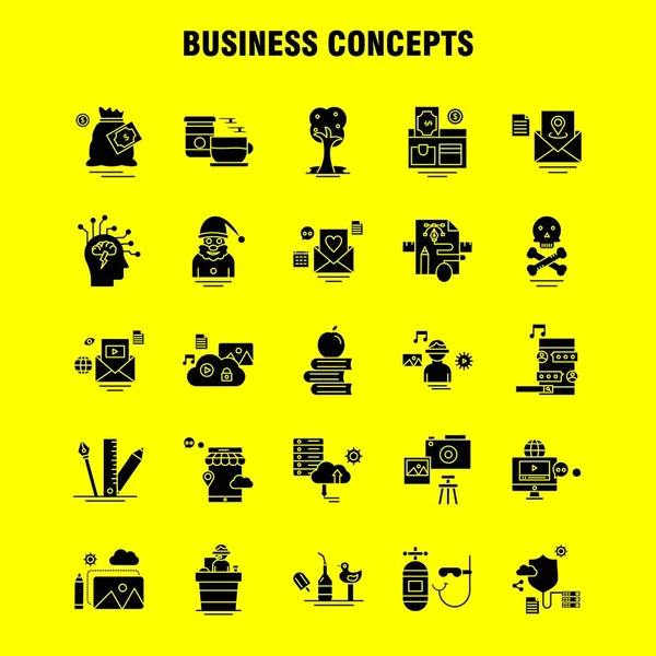 Business Concepts Solid Glyph Icons Set Infografica Mobile Kit Print — Vettoriale Stock
