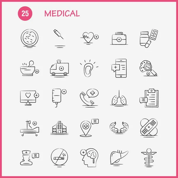 Medizinisches Handgezeichnetes Symbolset Für Infografik Mobiles Kit Und Druckdesign Gehören — Stockvektor