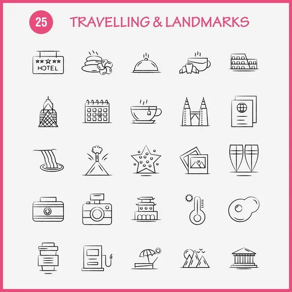 旅行和地标手绘图标的网络 打印和移动 象形文字包 — 图库矢量图片
