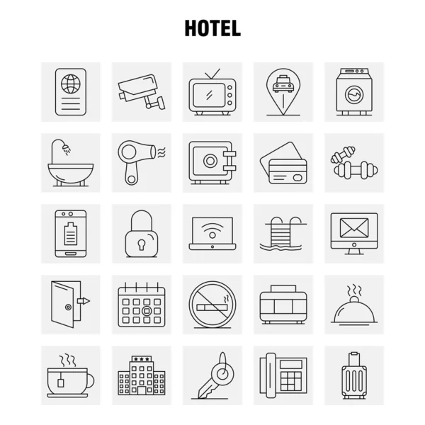 Hotel Line Icons Set Infographics Mobile Kit Print Design Include — Stock Vector