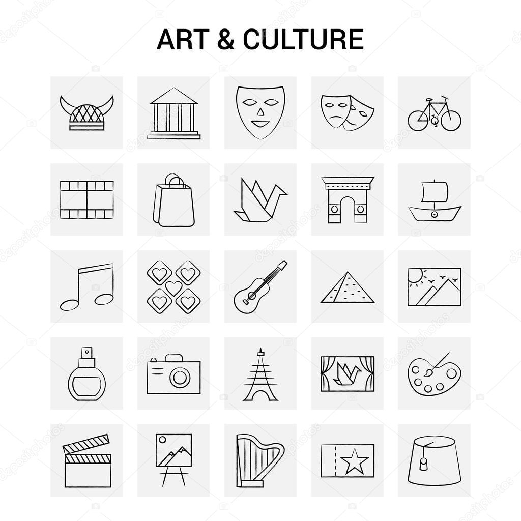 25 Hand Drawn Art and Culture icon set. Gray Background Vector Doodle