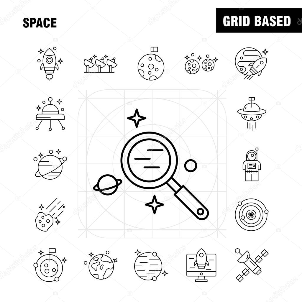 Space Line Icons Set For Infographics, Mobile UX/UI Kit And Print Design. Include: Rocket, Space, Transportation, Moon, Planet, Space, Spaceship, Telescope, Icon Set - Vector
