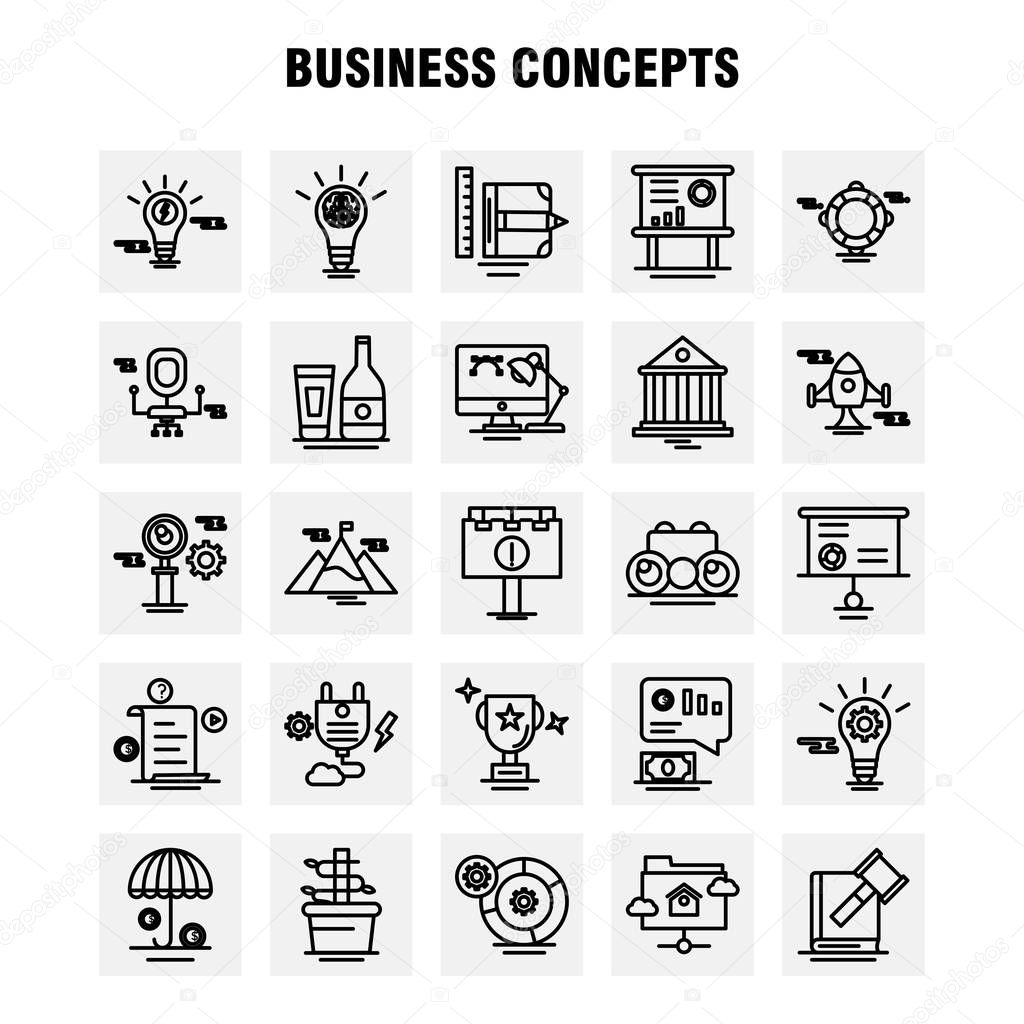 Business Concepts Line Icons Set For Infographics, Mobile UX/UI Kit And Print Design. Include: Document, File, Text, Media, Chair, Office, Furniture, Sitting, Collection Modern Infographic Logo and Pictogram. - Vector