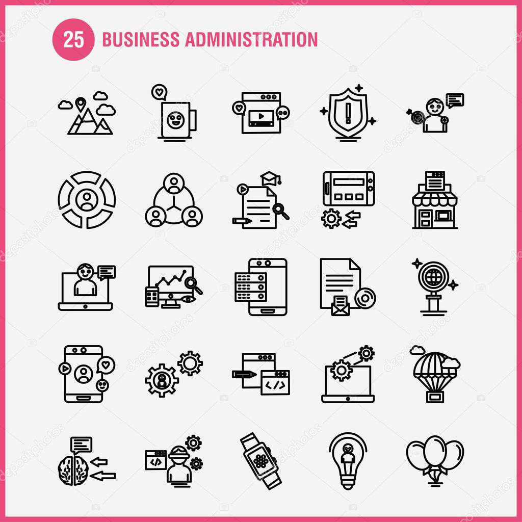 Business Administration Line Icons Set For Infographics, Mobile UX/UI Kit And Print Design. Include: Monitor, Computer, Screen, Search, Avatar, Gear, Website, Engine, Eps 10 - Vector