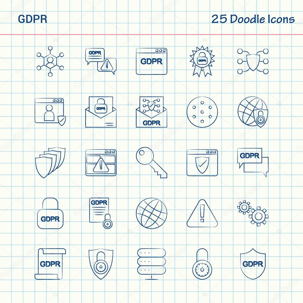 GDPR 25 Doodle Icons. Hand Drawn Business Icon set