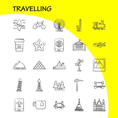 Elle çizilmiş simgeler seyahat ayarlamak için Infographics, mobil Ux/UI Kit ve baskı tasarımı. Şunları içerir: Küre, Internet, dünya, iletişim, bulutlar, hava, gökyüzü, fırtına, Eps 10 - vektör