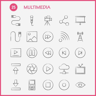Multimedya el çekilmiş Icon Web, baskı ve mobil Ux/UI için Kit. Gibi: mikrofon, Mike, müzik, ses, hızlı, ileri, hareket, oyun, piktogram paketi. -Vektör