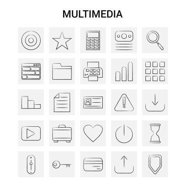 25 el çizilmiş Multimedya Icon set. Gri arka plan vektör Doodle