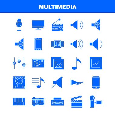 Web, baskı ve mobil Ux/UI için Multimedya katı glif simge seti. Gibi: cep, cep, telefonu, donanım, kamera, Video, resim, Film, piktogram paketi. -Vektör