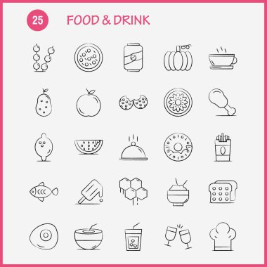 Yiyecek ve içecek elle çizilmiş simgeler ayarlamak için Infographics, mobil Ux/UI Kit ve baskı tasarımı. Şunları içerir: Ekmek, yiyecek, ekmek, dondurma, krem, gıda, yiyecek, Icon Set - vektör
