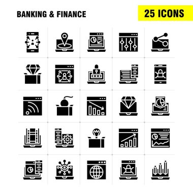 Katı glif Icon Pack için tasarımcılar ve geliştiriciler bankacılık. Banka, bankacılık, Internet, Internet Bankacılığı, dizüstü bilgisayar, güvenlik, kilit, vektör simgeleri