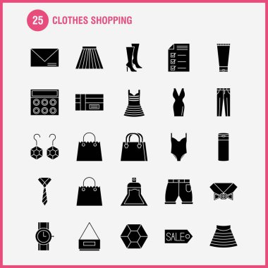 Giyim katı glif simgeler alışveriş ayarla için Infographics, mobil Ux/UI Kit ve baskı tasarımı. Şunları içerir: Elbise, kadın kıyafeti, bayanlar, hazır giyim, ceket, takım elbise kumaşı, giysiler, bezler, Eps 10 - vektör