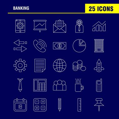 Web, baskı ve mobil Ux/UI için satırı simgesi bankacılık Kit. Gibi: Mobil ayarı, cep, ayar, dişli, projektörü ekran, ekran, piktogram paketi. -Vektör