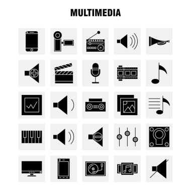 Web, baskı ve mobil Ux/UI için Multimedya katı glif simge seti.