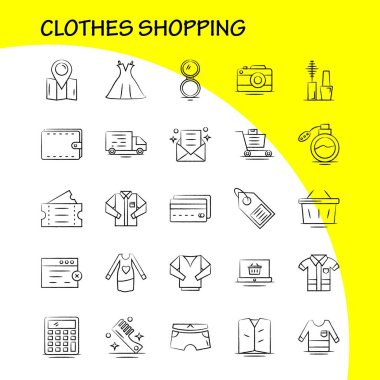Web, baskı ve mobil Ux/UI için elle çizilmiş simgesi alışveriş giyim seti. Gibi: hastane, sepet, alışveriş, Bilet, Bilet, seyahat, alışveriş, piktogram Pack sepeti. -Vektör