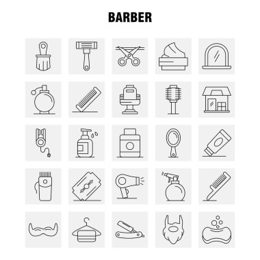 Satır Icons Set Infographics, mobil Ux/UI için berber Kit ve baskı tasarımı. Şunları içerir: Kuaför, yüz, ayna, Kuaför, güzellik, sandalye, saç, Kuaför, Icon Set - vektör