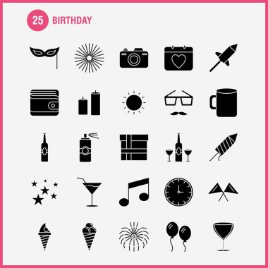 Web, baskı ve mobil Ux/UI için doğum günü katı glif simge seti. Gibi: Takvim, gün, Tarih, aşk, cam, içki, şarap, buğday, piktogram paketi. -Vektör