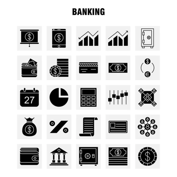 Bankowość Ikonę Stałe Glifów Dla Sieci Web Drukowanie Mobilnych Kit — Wektor stockowy