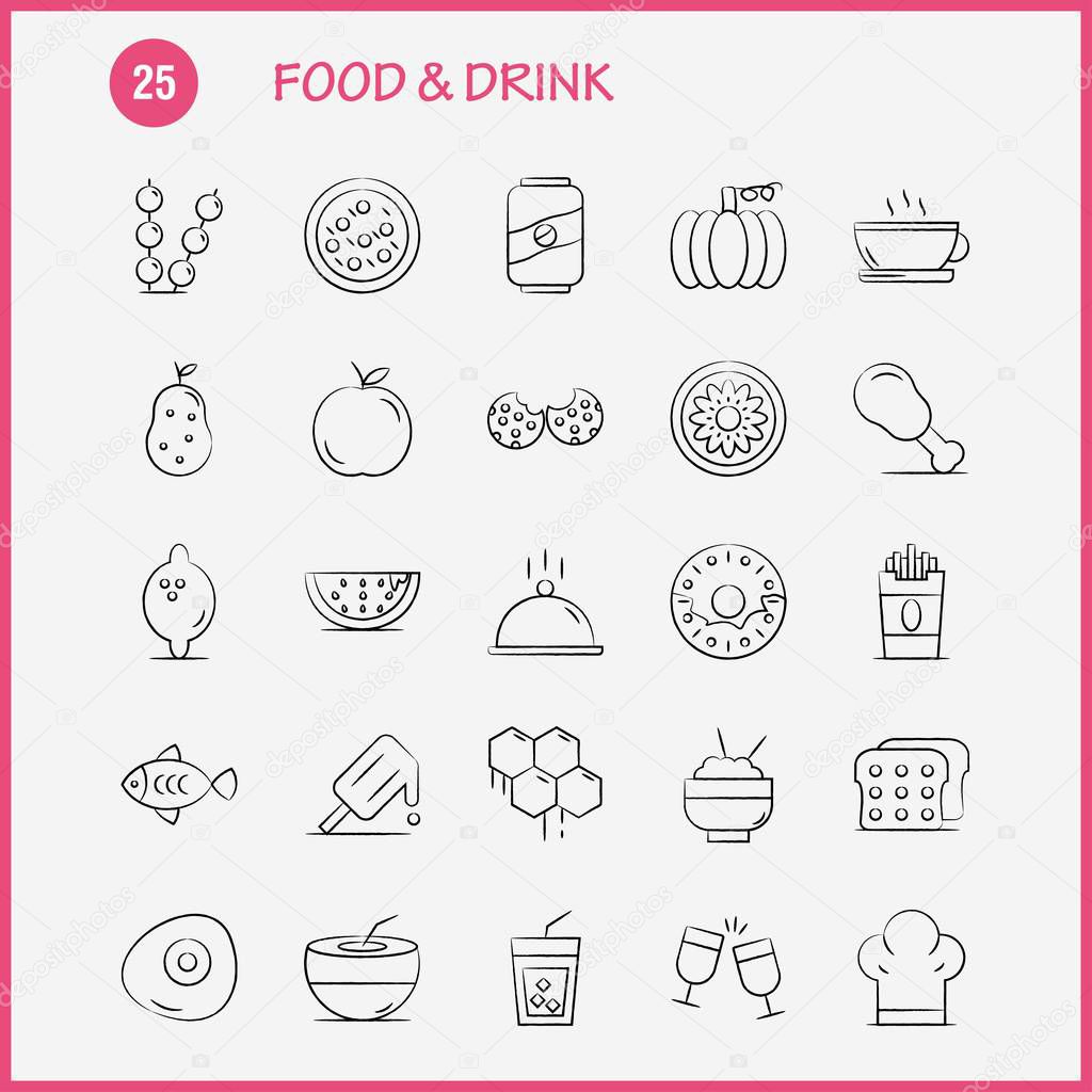 Food And Drink Hand Drawn Icons Set For Infographics, Mobile UX/UI Kit And Print Design. Include: Bread, Food, Loaf, Ice Cream, Cream, Food, Eat, Icon Set - Vector