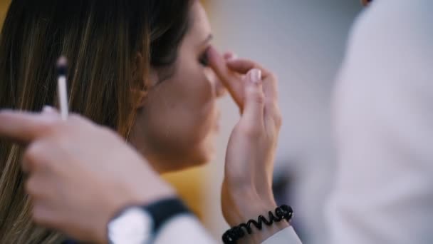 Visagist doen make-up met professionele cosmetica en borstels — Stockvideo