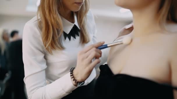 Visagista haciendo maquillaje con cosméticos y cepillos profesionales — Vídeos de Stock