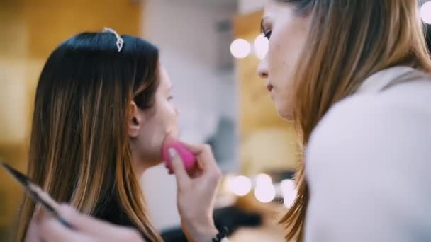 Visagist profesyonel kozmetik ve fırçalar ile makyaj yapıyor — Stok video