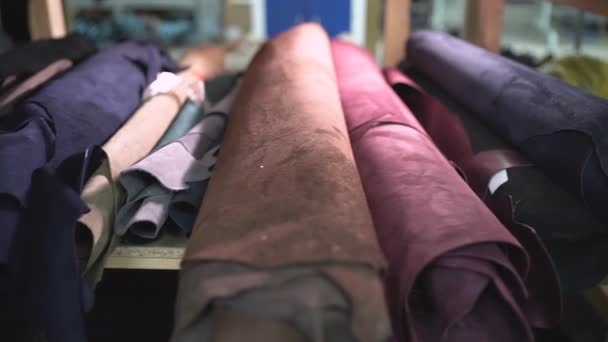 Farbe Kunstleder und Handwerk Familie Schuh Herstellung — Stockvideo