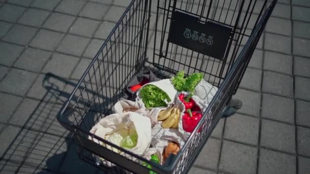 Sada opakovaně použitelných a bezodpadních bavlněných nákupních tašek na potraviny v košíku — Stock video