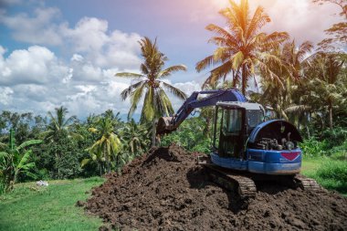 Endüstriyel buldozer tropik yağmur ormanlarında toprak ve toprak kazıyor