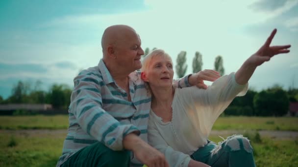 Feliz pareja de ancianos citas y abrazos y hablar en el parque en el día soleado — Vídeos de Stock
