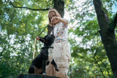 Kız, yaz günü parkta şirin bir buldog köpeğiyle oynuyor.