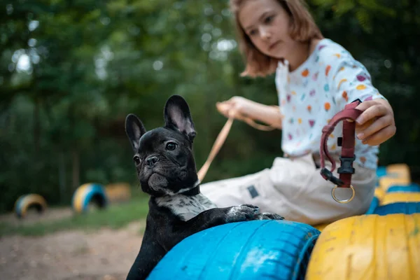 Girl play with cute little frenchie bulldog puppy in park at summer day — Stock Photo, Image