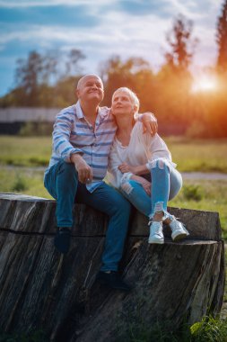 Mutlu son sınıf çifti güneşli bir günde parkta çıkıyor, sarılıyor ve konuşuyor.