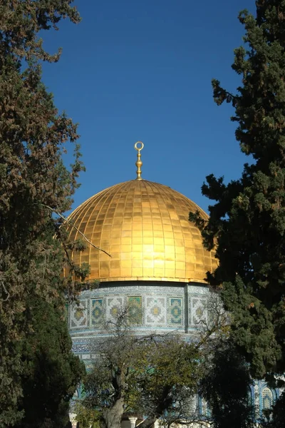 Mosque of the dome of the rock in Jerusalem. The shrine of the Muslim world is a mosque with a dome of rock with golden domes on the Temple Mount.