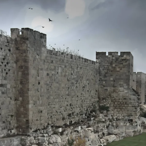 Medieval Walls Jerusalem Ancient Stone Gloomy Sky Crows Sky Walls — Stock Photo, Image