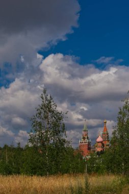 Ağaç ve umut. Mavi boşluklar ile bulutlu gökyüzü altında Moskova Kremlin iyimserlik ve olumlu beklentileri bir semboldür. Rusya