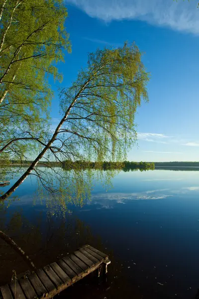 Amanhecer Sobre Superfície Água Tranquila Lago Céu Azul Manhã Margem — Fotografia de Stock