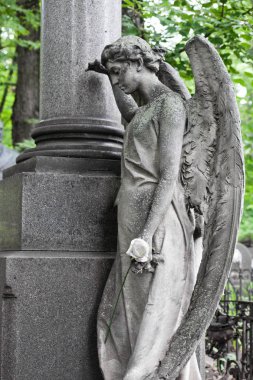 Kederli Angel. 19. yüzyıl Türbesi, Alman (tanıtıldı) Moskova şehir. yas tutan angel sütun, metin için yer yakınındaki beyaz bir gül ile