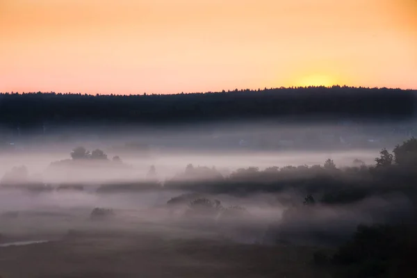 Foggy Valley Covered Fog Pink Sky Misty Landscape Early Morning — Stock Photo, Image
