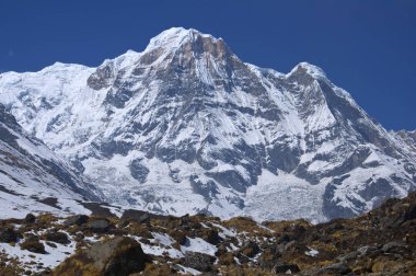 Kar dağ annapurna Güney. Annapurna temel kamp, Nepal için doğa yürüyüşü.
