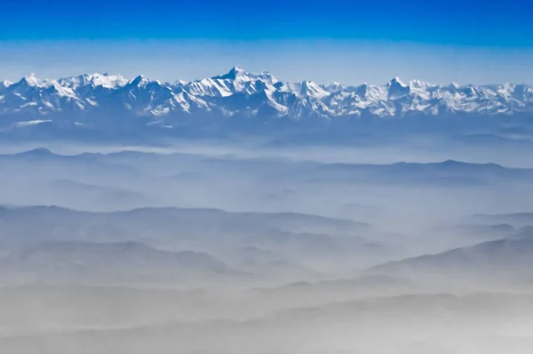 Pohled Výšky Himálajské Hory Letadla Brzy Ráno Krajina Modrých Barvách — Stock fotografie
