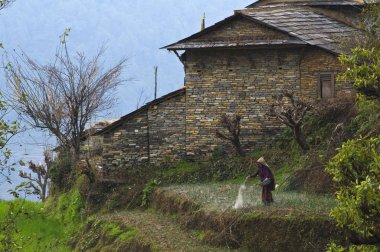Geleneksel Nepal köy. Annapurna temel kamp, Nepal için doğa yürüyüşü.