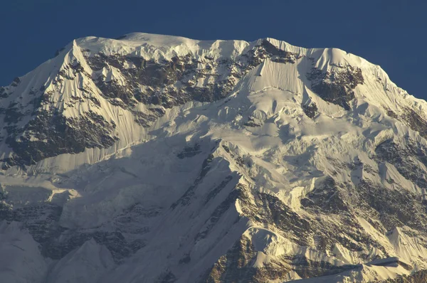 Snowy precipices of southern Annapurna. Trekking to Annapurna Base Camp, Nepal.