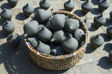 geleneksel seramik sepetle. Tencere - torbalar içinde. Nepal.