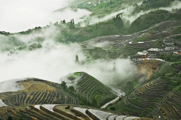 Panorama Desde Arriba Paisaje Otoñal Brumoso Con Terrazas Arroz China —  Fotos de Stock