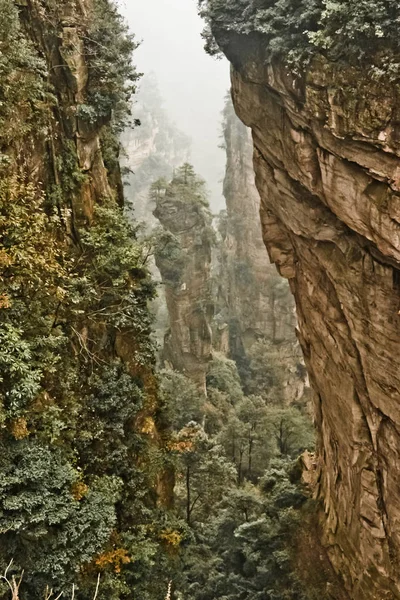 Rocky Cliffs Fog Sheer Cliffs China Zhangjiajie National Forest Park — Stock Photo, Image