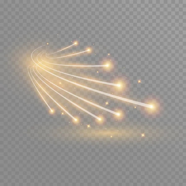 Abstract vector glowing magic star light effect from the neon blur of curved lines. Glittering stars dust trail from the side.flying comet on a transparent background — Stock Vector